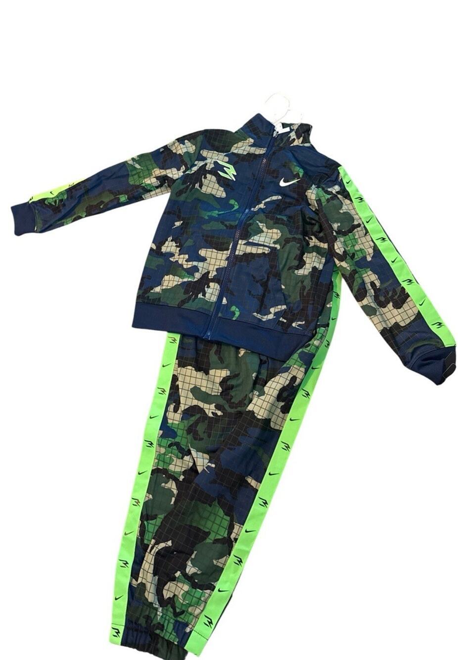 Nike Kids Track Jacket Full Zip And Pant Set Camo Green Blue White Logo Size 6-7